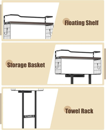 Large Towel Rack & Bathroom Towel Holder - Wall Mounted Metal Rack with Wooden Floating Shelf, Small Bathroom Towel Storage, Easy Holds 6 Large Rolled Towels, Black with Brown Plank