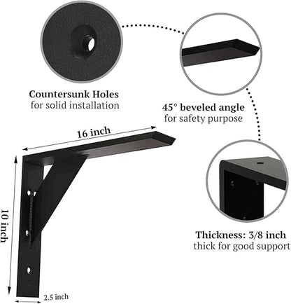 Countertop Support Bracket 16 Inch Heavy Duty Shelf Bracket 2 Pack 3/8" Thick Black16 x10 x2.5 for Granite Quartz Wood Laminate Countertops
