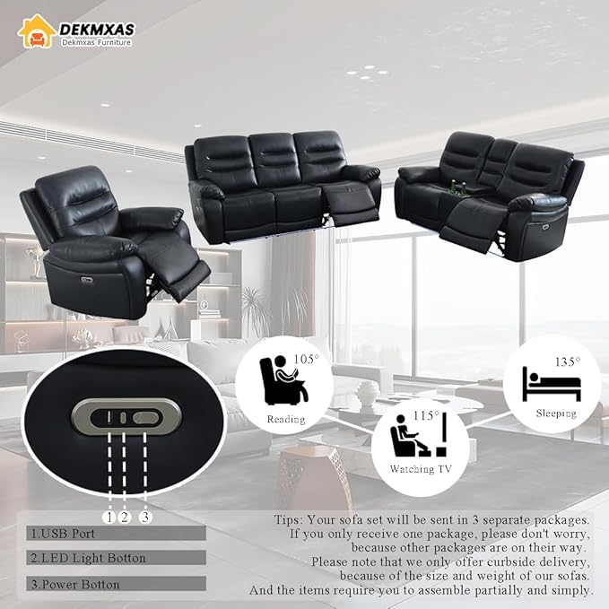 Power Reclining Sofa, Living Room Funiture Sets, Black PVC Breathing Leather Power Recliner Sofa Set with 5 Recliner Seats/Storage Console/Cup Holders/LED Light/USB Port for Living Room,Office