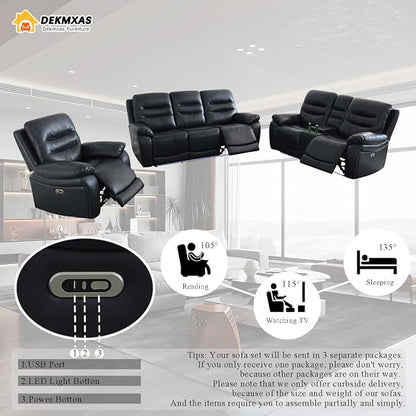 Black Breathing Leather Power Recliner Sofa and Chair with LED Lights, Living Room Funiture Sets, Power Reclining Sofa Set with 3 Recliner Seats/USB Port for Living Room