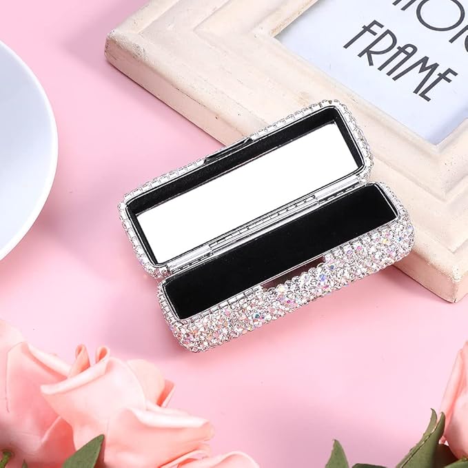 Rhinestone Lipstick Case with Mirror, Bling Crystal Lipstick Case Diamonds Makeup Cosmetic Storage Box Holder for Purse Ladies Fashion (Silver Color)