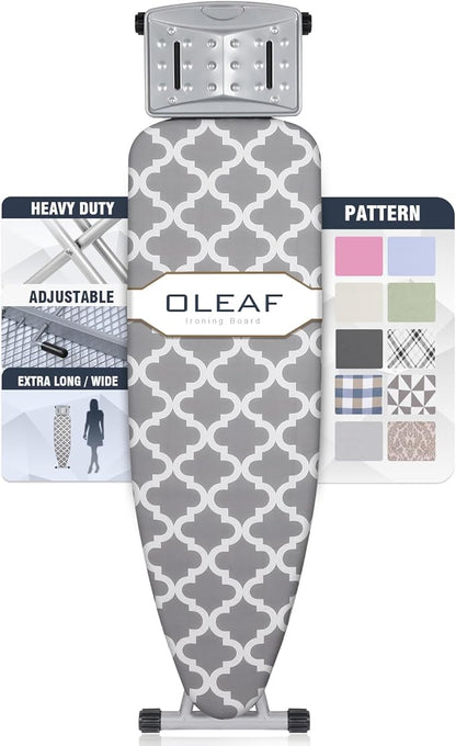 oleaf Ironing Board with Cover and Thicken Pad 43 x 13 Height Adjustable Full Size Foldable Iron Board with Iron Rest, Stable Steel Legs, Metal Construction, Heat Resistant, Gray and White Checkered