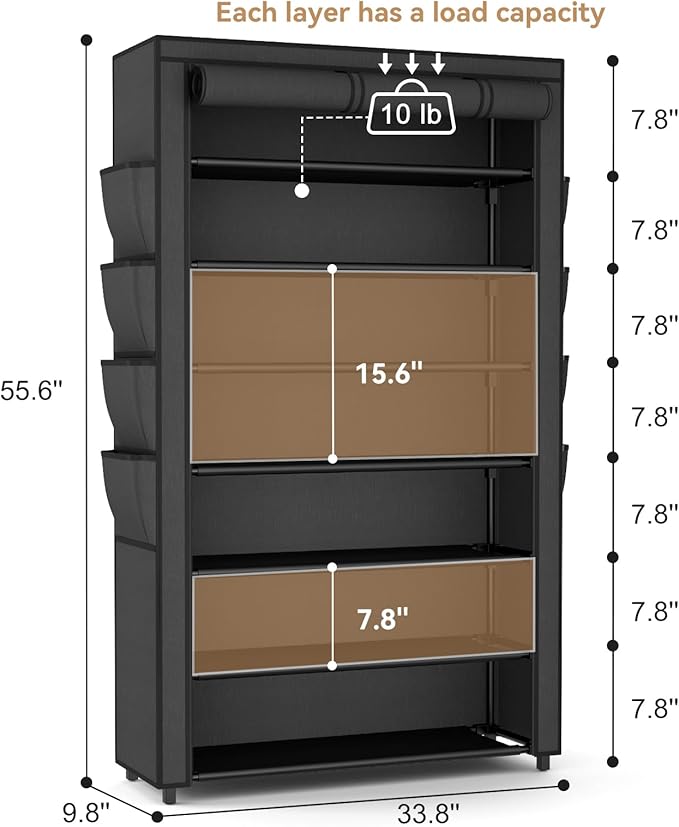 Shoe Rack with Cover, 7 Tier Shoe Organizer Storage for 32-40 Pair Shoes and Boots Large Shoe Storage Shelf Space Saving Vertical Shoe Rack for Closet, Front Door Entrance, Dorm, Garage