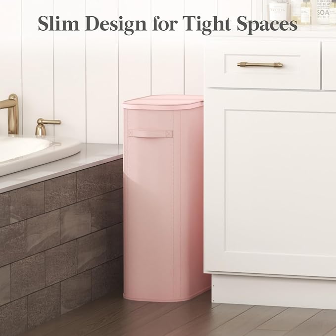 Lifewit 65L Slim Laundry Basket with Lid, Narrow Large Laundry Hamper with Plastic Handles and Removable Bag, Tall Foldable Dirty Clothes Hampers for Laundry Room, Bedroom, Bathroom, Dorm, Pink