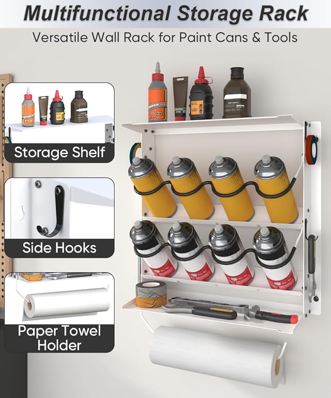 Spray Paint Can Holder with Paper Towel Holder for Home Garage Organizer, Wall Mount Paint Bottle Tool Utility Storage Rack with 8 Holes & 2 Shelf for Shop, White