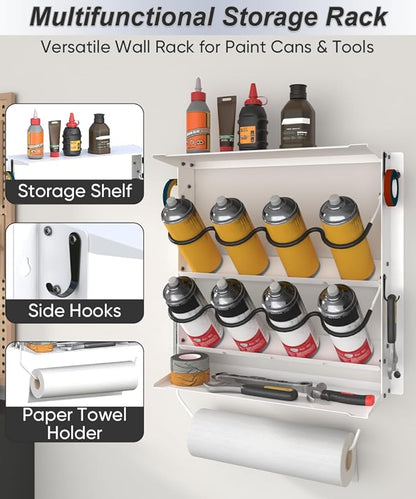 Spray Paint Can Holder with Paper Towel Holder for Home Garage Organizer, Wall Mount Paint Bottle Tool Utility Storage Rack with 8 Holes & 2 Shelf for Shop, White