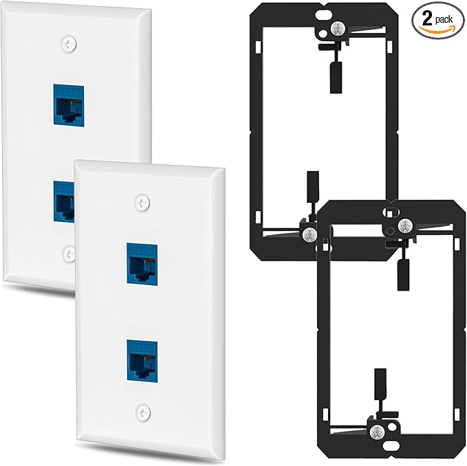 2 Pairs Ethernet Wall Plate Cat6 2 Port Keystone Jack Wall Plate with RJ45 Coupler Outlet Connector and Single Gang Low Voltage Mounting Bracket