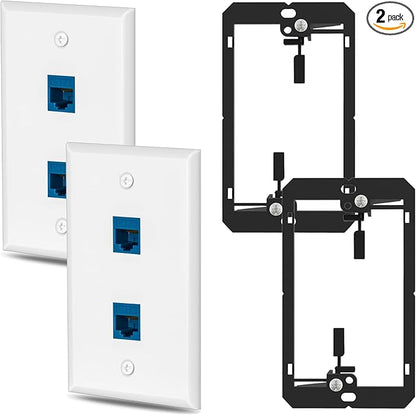 2 Pairs Ethernet Wall Plate Cat6 2 Port Keystone Jack Wall Plate with RJ45 Coupler Outlet Connector and Single Gang Low Voltage Mounting Bracket