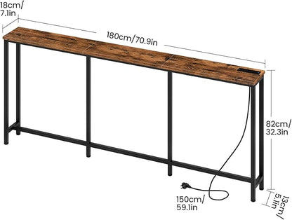 70.9" Narrow Console Table with Power Outlet 7.1" Skinny Sofa Table, Long Behind Couch with Charging Station for Hallway, Living Room Rustic Brown and Black TXG18UBF