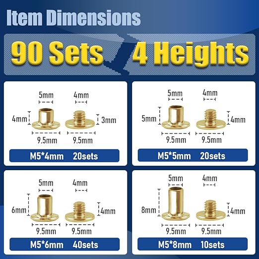 90 Sets Gold Chicago Screws Leather Rivets Kit, 4 Sizes (M5*4,5,6,8) & 2 Screw Lengths (M4*3,4) for Belts, Bookbinding, DIY Leather (Gold)