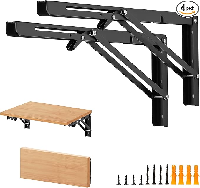 Home Expert 16 Inch Folding Shelf Brackets, 4 Pack (2 Pairs) Heavy Duty Metal Collapsible Wall-Mounted Brackets, Space-Saving DIY Foldable Shelf for Benches and Tables, Matte Black