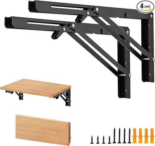 Home Expert 16 Inch Folding Shelf Brackets, 4 Pack (2 Pairs) Heavy Duty Metal Collapsible Wall-Mounted Brackets, Space-Saving DIY Foldable Shelf for Benches and Tables, Matte Black