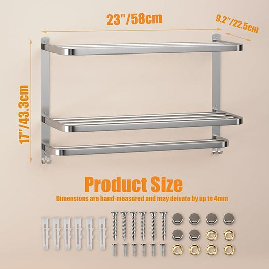 DDS-DUDES 23 Inches 3-Tier Towel Racks for Bathroom with Towel Bars Multilayer Hotel Towel Shelf Stainless Steel Wall-Mounted Brushed Finish Holder with Towel Shelves
