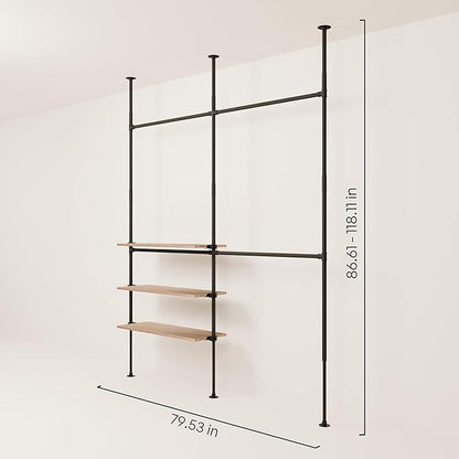 pamo Industrial Pipe Clothing Rack with Shelf - 400 lbs Capacity - Clamping Clothes Rack and Walk In Closet with Oak Shelf for Wardrobe