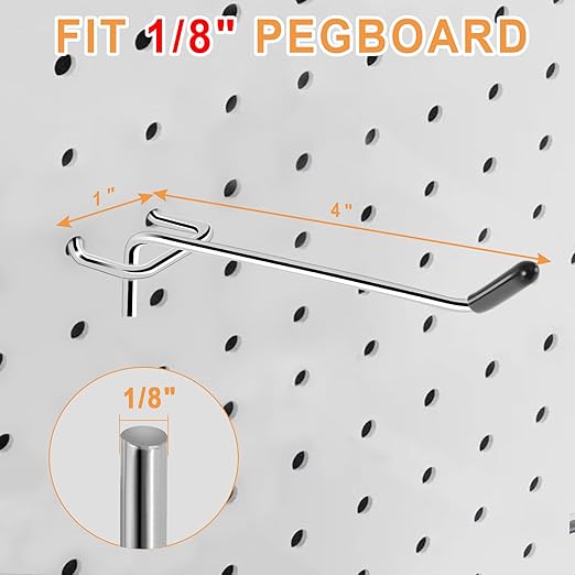 Pegboard Hooks, 25 Pack 4 inch Peg Board Hooks for Hanging, Fit 1/8" Metal Pegboards, Peg Board Hooks for Garage, Shop, Office, Crafts Organisation, Kitchen (Silver)