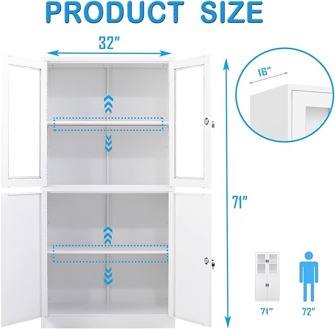 Letaya Storage Cabinet with Doors and Shelves,71" Steel Locker Acrylic Glass Door with Lock, for School Home Office