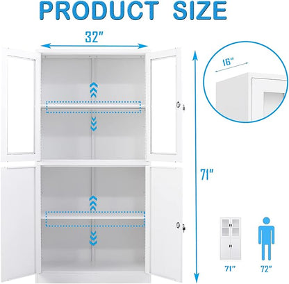 Letaya Storage Cabinet with Doors and Shelves,71" Steel Locker Acrylic Glass Door with Lock, for School Home Office