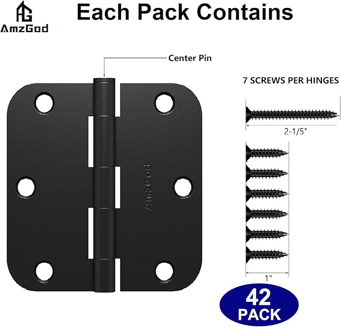 Door Hinges Matte Black - 42 Pack Black Door Hinges 3.5 Inch Rounded Interior Door Hinge with 5/8" Radius Corners - Black Hinges for Doors 3 1/2 Inches Flat Iron Residential Door Hardware