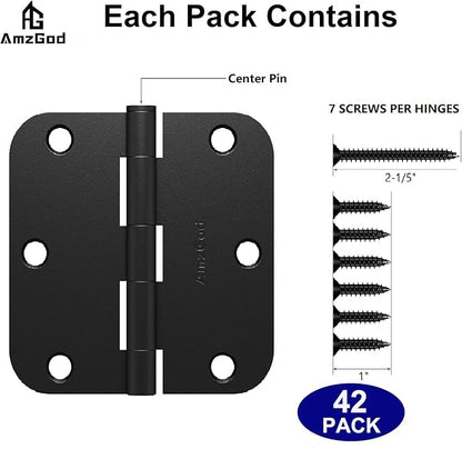 Door Hinges Matte Black - 42 Pack Black Door Hinges 3.5 Inch Rounded Interior Door Hinge with 5/8" Radius Corners - Black Hinges for Doors 3 1/2 Inches Flat Iron Residential Door Hardware