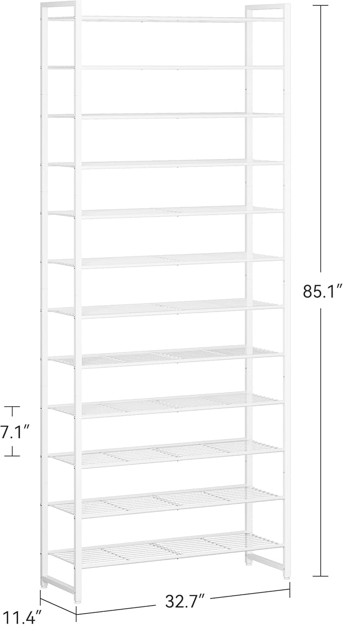 Shoe Rack for Closet, Metal Shoe Organizer,12 Tier Garage Shoe Rack Max Holds 60 Pairs,Shoe Storage Shelf,Entryway, White