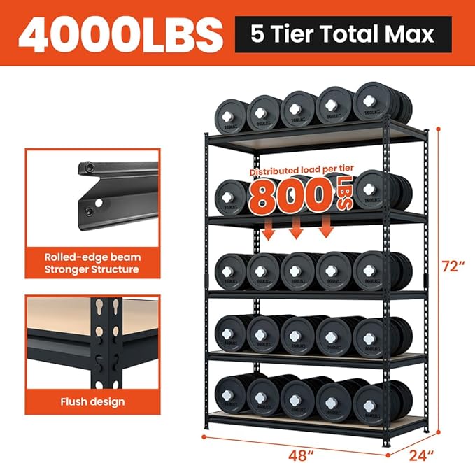 JEKOSEN 4000Lbs Storage Shelves Heavy Duty 5 Tier Adjustable Garage Shelving,Utility Rack Shelf Units for Closet Pantry Basement Kitchen Warehouse,48" Wx24 Dx72 H,Black