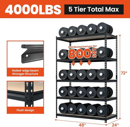 JEKOSEN 4000Lbs Storage Shelves Heavy Duty 5 Tier Adjustable Garage Shelving,Utility Rack Shelf Units for Closet Pantry Basement Kitchen Warehouse,48" Wx24 Dx72 H,Black