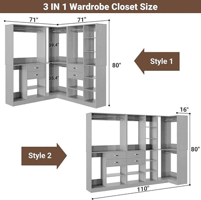 Armocity Freestanding Closet System with 3 Sets, 110'' Reversible Stand-alone Wardrobe, 80'' Height Cloth Garment Organizer, Walk-in Closet with Hanging Rod, 71"L x 71"W x 80"H, Load 2500 LBS, Grey