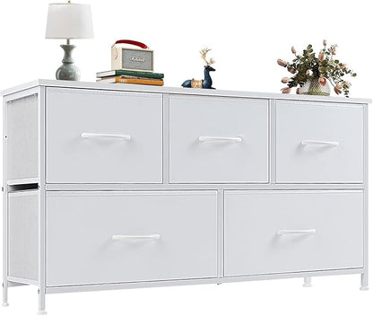 OLIXIS Dresser for Bedroom with 5 Drawers, Wide Chest of Drawers, Fabric Bedroom Dresser with Drawer Organizers, Storage Organizer Unit with Fabric Bins for Closet, Living Room, Hallway, Classic White
