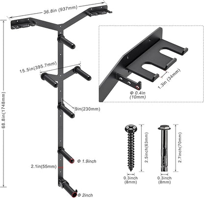 Wall Mounted Weight Plate Rack, Heavy Duty Olympic Barbell Holder & T Bar Row Landmine Attachment, 5 Pegs & 4 Barbell Storage, Space-Saving Home Gym Organizer