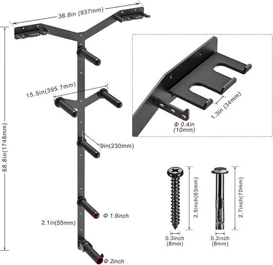 Wall Mounted Weight Plate Rack, Heavy Duty Olympic Barbell Holder & T Bar Row Landmine Attachment, 5 Pegs & 4 Barbell Storage, Space-Saving Home Gym Organizer