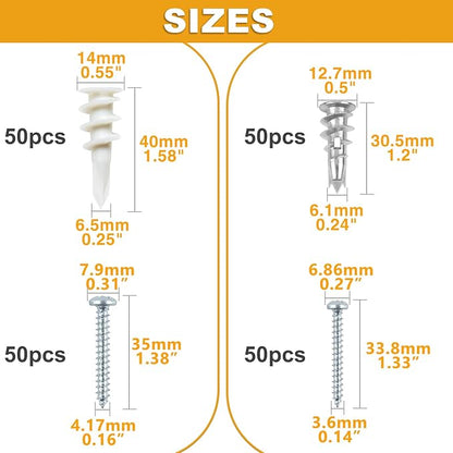 KURUI Self Drilling Drywall Anchors Assortment Kit, 200PCs Picture Hanging Kit for Frame,Curtain Rods,Art Hanging, 100PCs #6 Heavy Duty Metal Dry Wall Anchors 100PCs #8 Plastic Drywall Hangers