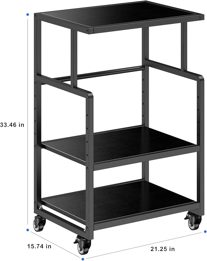 Printer Stand, 3 Tier Mobile Printer Table for Home Office, 21.3 x 15.7 Inch Rolling Height Adjustable Storage Shelf, Printer Cart with Wheels for Heat Press Scanner Fax, Black