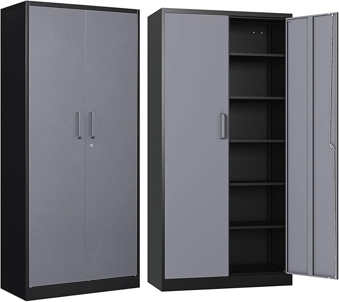 Metal Garage Storage Cabinet, 71/ inchs Locking Storage Cabinet with 2 Doors and 4 Adjustable Shelves, Lockable Metal Cabinet for Office,Home,Garage,Gym,School（Gray Black） SC9005D