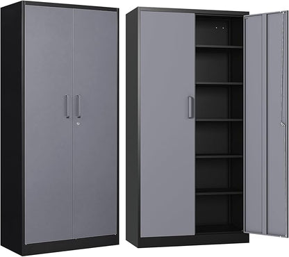 Metal Garage Storage Cabinet, 71/ inchs Locking Storage Cabinet with 2 Doors and 4 Adjustable Shelves, Lockable Metal Cabinet for Office,Home,Garage,Gym,School（Gray Black） SC9005D