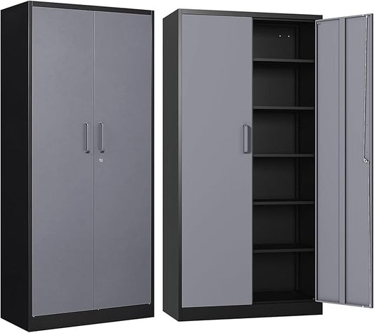 Metal Garage Storage Cabinet, 71/ inchs Locking Storage Cabinet with 2 Doors and 4 Adjustable Shelves, Lockable Metal Cabinet for Office,Home,Garage,Gym,School（Gray Black） SC9005D