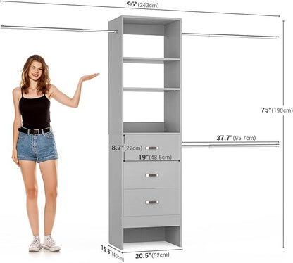 96'' Closet Organizer System with 3 Hanging Rods, 8FT Closet Organizers and Storage with 3 Wooden Drawers, Built in Closet Organizer Systems, Adjustable Walk-in Wardrobe from 5-8FT, Grey