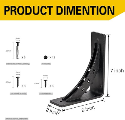 Heavy Duty Shelf Brackets - Max Load 900 LBS, Premium Alloy Metal Mantel Brackets - Fireplace & Countertop Support (Set of 2, MATTE BLACK, 7 inch x 6 inch)