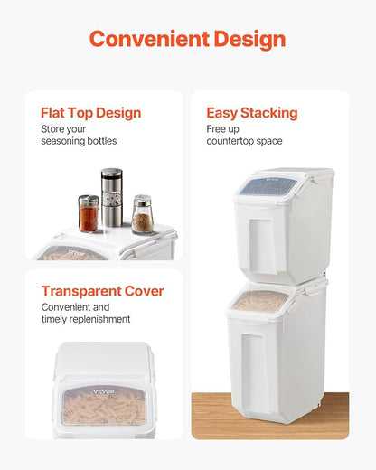 VEVOR Rice Storage Container, 3.5Gal/15Lx2 + 4.5Gal/20Lx2 Large Dog Food Dispenser Bin, Kitchen Ingredient Grain Cereal Bin, Pet food Containers with Wheels, 4 Measuring Cups, Airtight Lid, 4 Pack