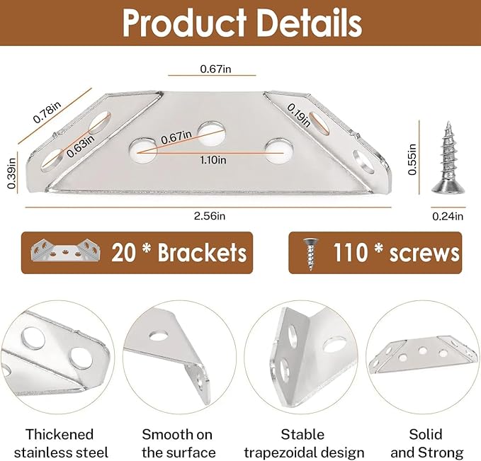 Furniture Corner Connector - 20PCS Universal Stainless Steel L Brackets for Wood,Hardware Metal Angle Bracket Corner Braces,L Bracket for Shelves,Table,Cabinet,Drawer,Corner Brackets for Wood