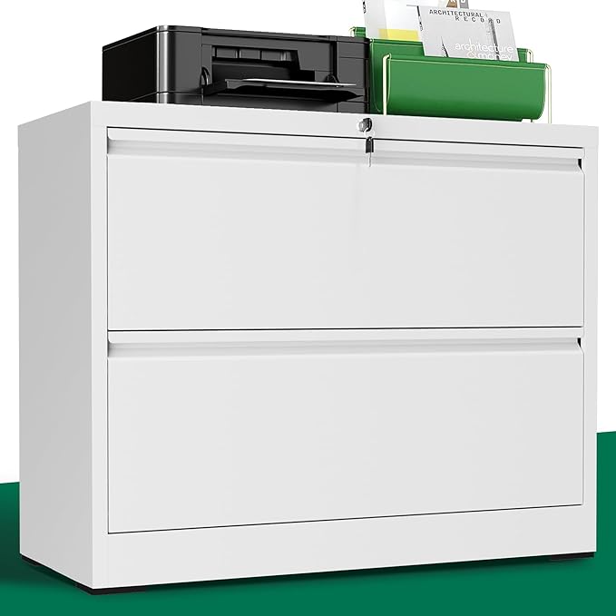 Lateral File Cabinet with Lock, Metal File Cabinets for Home Office Legal/Letter A4 Size, File Cabinet with 2 Drawer Storage Cabinet, Require Assembly, White