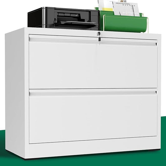 Lateral File Cabinet with Lock, Metal File Cabinets for Home Office Legal/Letter A4 Size, File Cabinet with 2 Drawer Storage Cabinet, Require Assembly, White