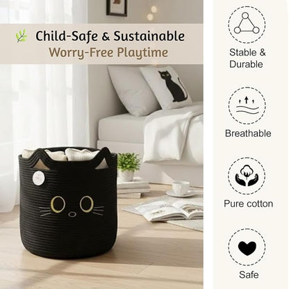 Kids Laundry Basket & Toy Storage Organizer | Large Black Cat Woven Cotton Rope Bin for Stuffed Plushies | Animal face Hamper with Cutout Handles for Nursery, Playroom & Kid’s Bedroom (Black Cat)