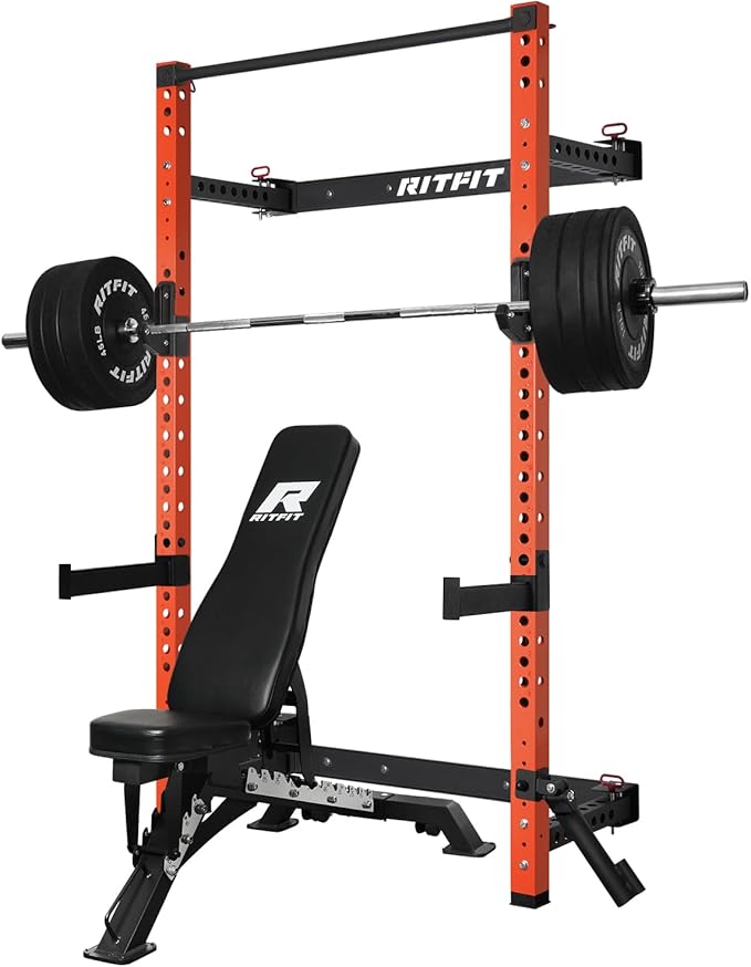 RitFit 2.36'' x 2.36'' Folding Squat Rack for Home Gym, Wall Mounted Squat Rack with Attachments - Space Saving Squat Power Rack
