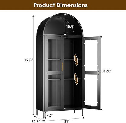 Metal Arched Cabinet with Lock, Arch Display Bookcase with Glass Doors/Shelves, Modern Freestanding Kitchen Pantry Storage Cabinet for Dining Room, Home, Office, Assembly Required (Black)