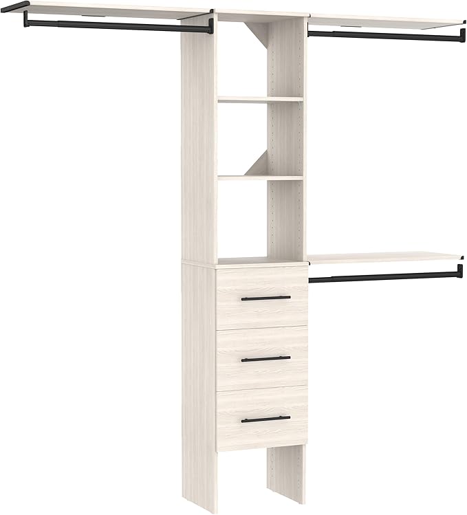 ClosetMaid SuiteSymphony 16-Inch Closet System Tower with (3) Hanging Rods, (3) Drawers, and (3) Top Shelves, White Timber