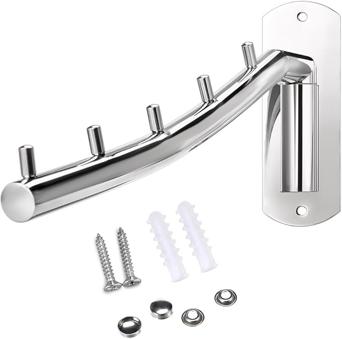 Sumnacon Wall Mounted Clothes Hanger Rack, Stainless Steel Garment Hooks with Swing Arm Holder, Space Saver Coat Robe Storage Organizer for Laundry Room Bedrooms, Clothing Drying Rack with 5 Hooks
