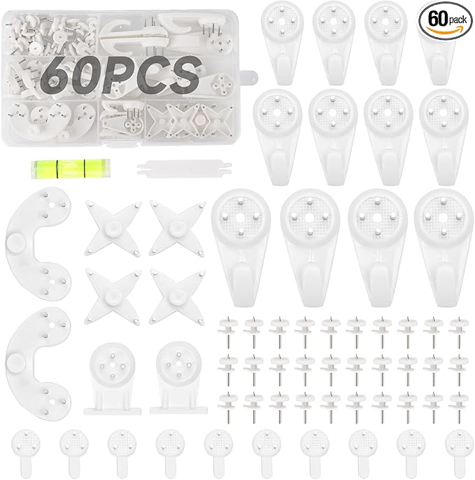 60 PCS Picture Hangers Hanging Kit, Heavy Duty Hooks for Stucco/Concrete/Hard Walls Without Drilling, Invisible Nail&25 LBS Weight Load