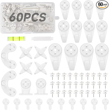 60 PCS Picture Hangers Hanging Kit, Heavy Duty Hooks for Stucco/Concrete/Hard Walls Without Drilling, Invisible Nail&25 LBS Weight Load
