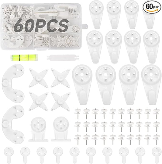 60 PCS Picture Hangers Hanging Kit, Heavy Duty Hooks for Stucco/Concrete/Hard Walls Without Drilling, Invisible Nail&25 LBS Weight Load