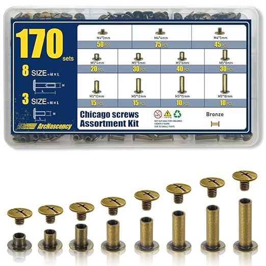 170 Sets Bronze Chicago Screws Leather Rivets Kit, 8 Sizes (M5*4,5,6,8,10,12,15,18) & 3 Screw Lengths (M4*3,4,5) for Belts, Bookbinding, DIY Leather (Bronze)